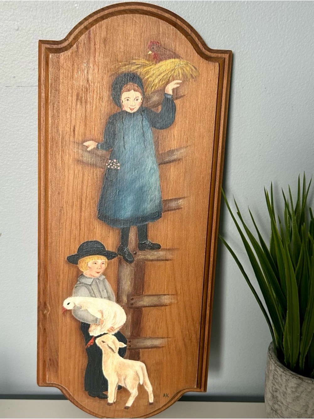 Vintage Folk Art Hand Painted Wood Wall Plaque Amish Farm Scene